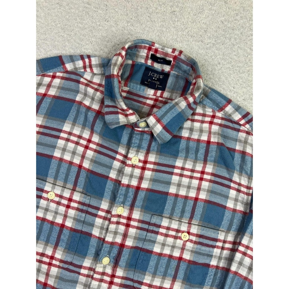 J.Crew Flannel Shirt Mens Medium Blue Plaid Slim Long Sleeve Button Up Casual‎